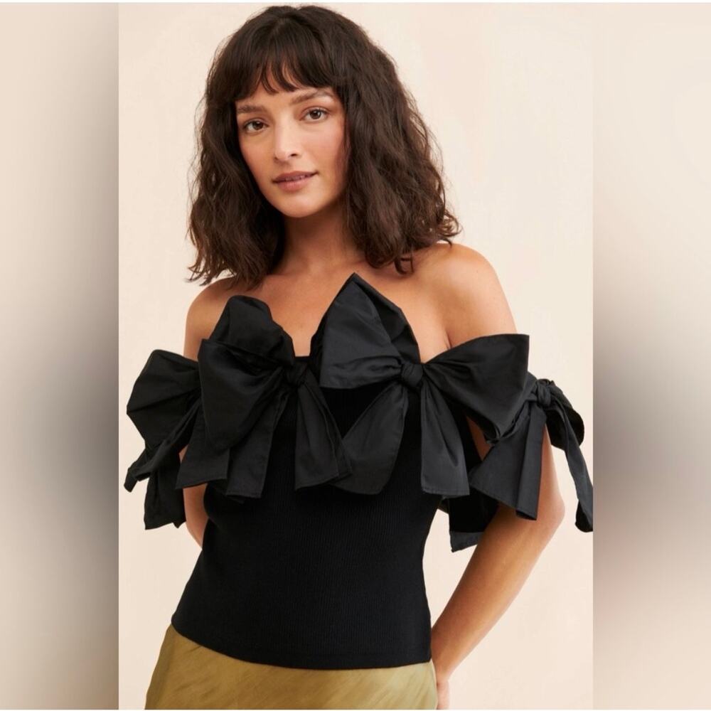 Anthropologie Dolan Left Coast Black Off-Shoulder Bow Top Ribbed Preppy Party 3X